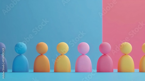 Colorful minimalistic figurines in a row against a vibrant blue and pink background. Perfect for concepts of diversity and individuality. 3D Illustration.