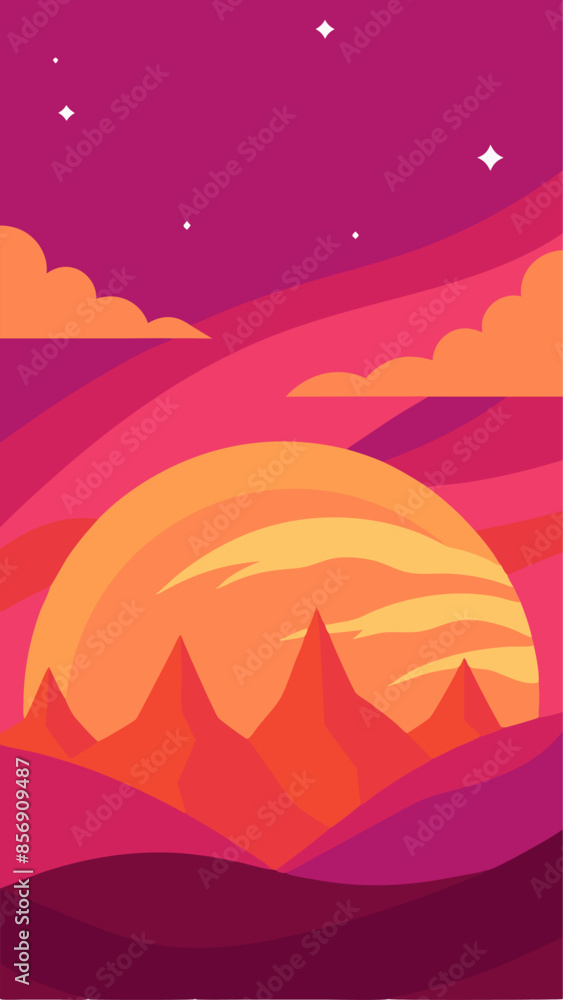 A sunset with mountains and a large sun in the background A sunset with mountains and a large sun in the background