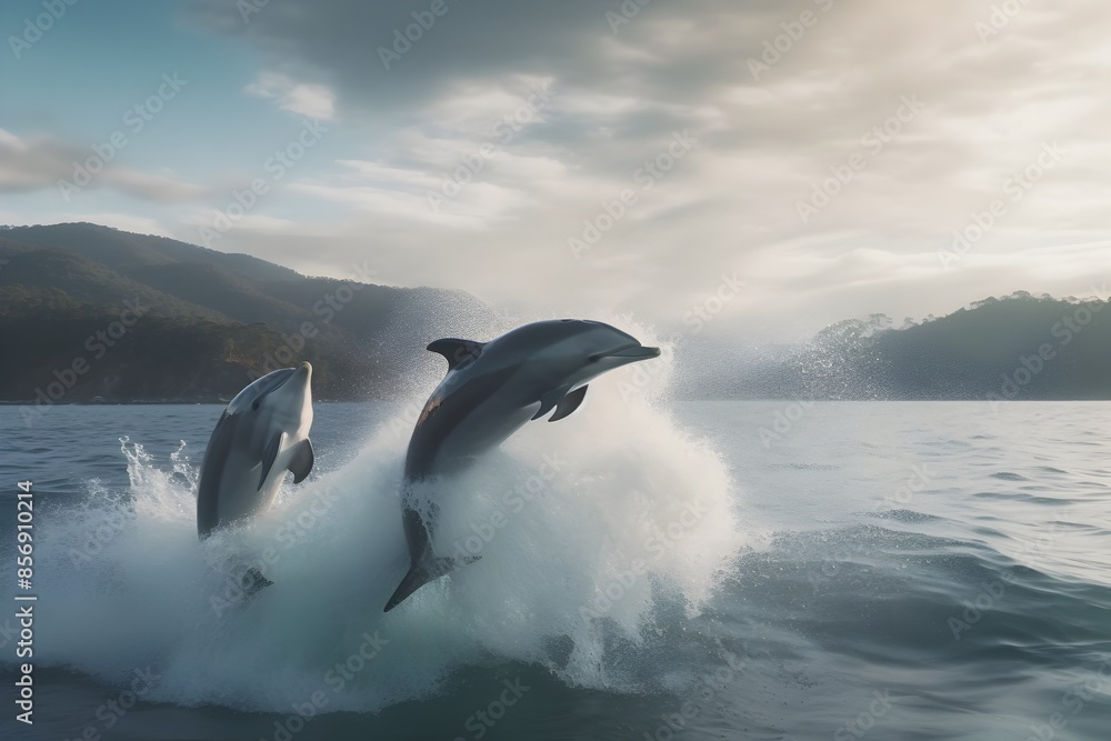 Fototapeta premium Acrobatic Dolphins Leaping from Waves in Joyful Ocean Adventure