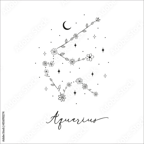 Aquarius constellation with Hand drawn doodle flowers, leaves, florals and stars. Vector art, graphic illustration clipart