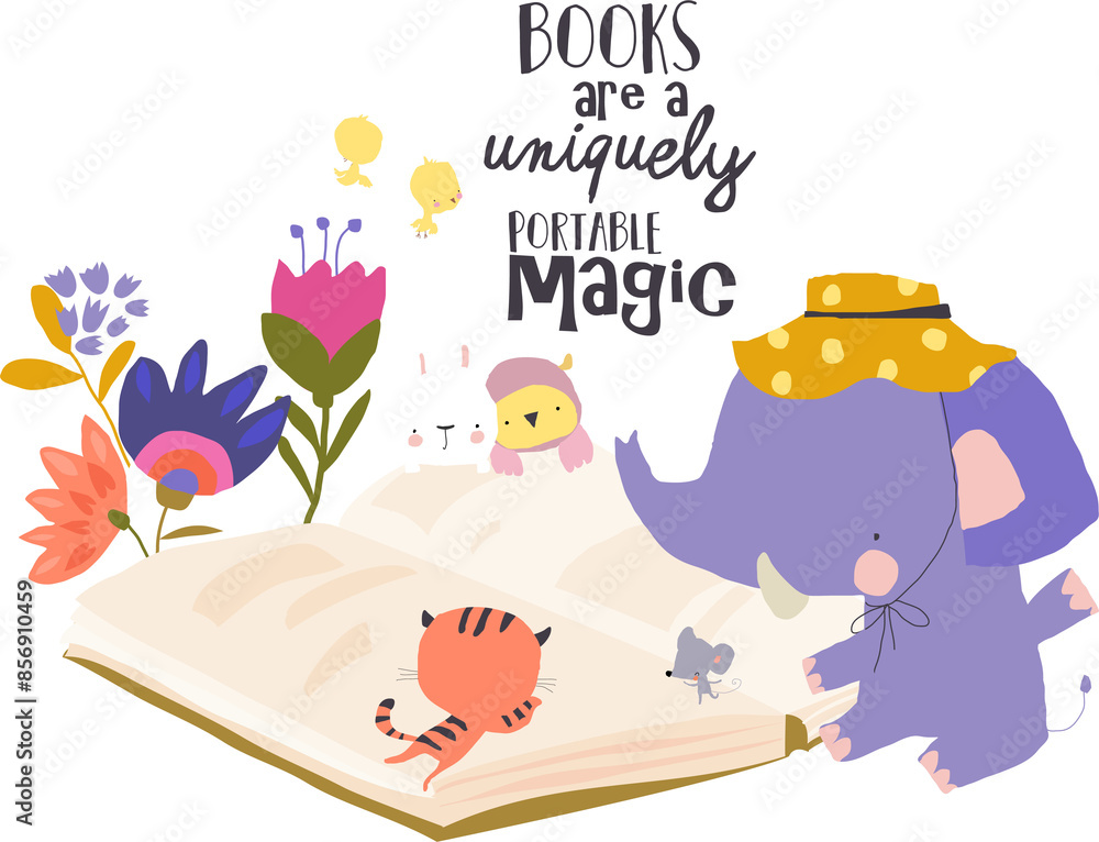 Fototapeta premium Cute Cartoon Animals reading Big Book Together. Vector Illustration
