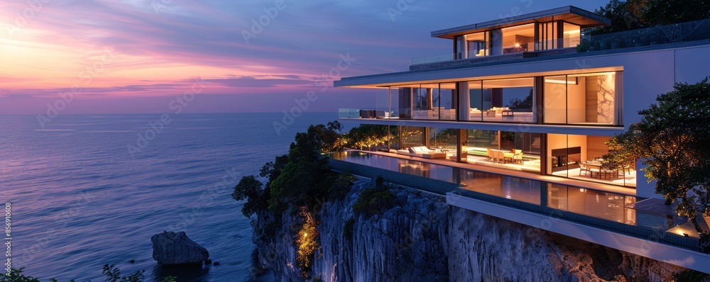 Contemporary Cliffside Mansion With Glass Walls Stock Illustration