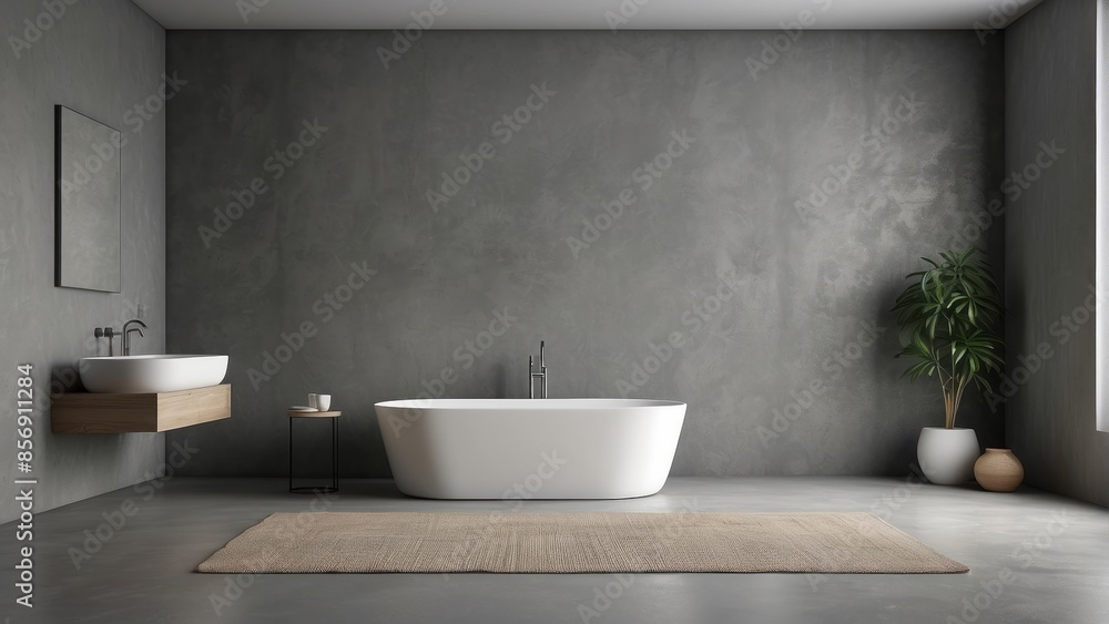 Interior home of bathroom with white bathtub on grey wall copy space mock up, concrete floor Interior home of bathroom with white bathtub on grey wall copy space mock up, concrete floor