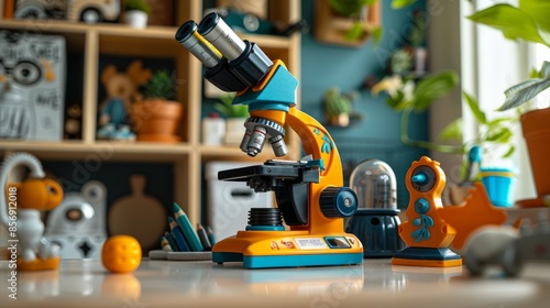 Colorful Playroom Scientific Exploration with Toy Microscope photo
