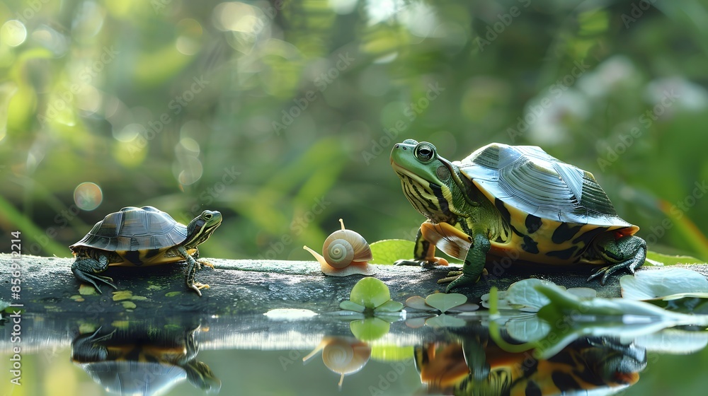 Obraz premium Frog with Turtle and Snail. 