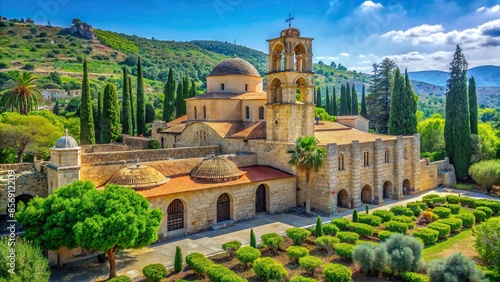 Ancient monastery of St. Barnabas in Cyprus surrounded by lush greenery and historical architecture, Cyprus photo