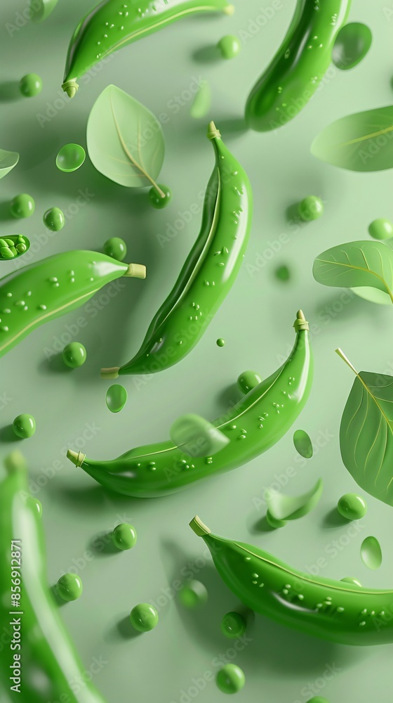 Fresh green peas and pods with leaves on a green background, showcasing vibrant and healthy organic produce in an artistic arrangement. 3D Illustration. Fresh green peas and pods with leaves on a green background, showcasing vibrant and healthy organic produce in an artistic arrangement. 3D Illustration.