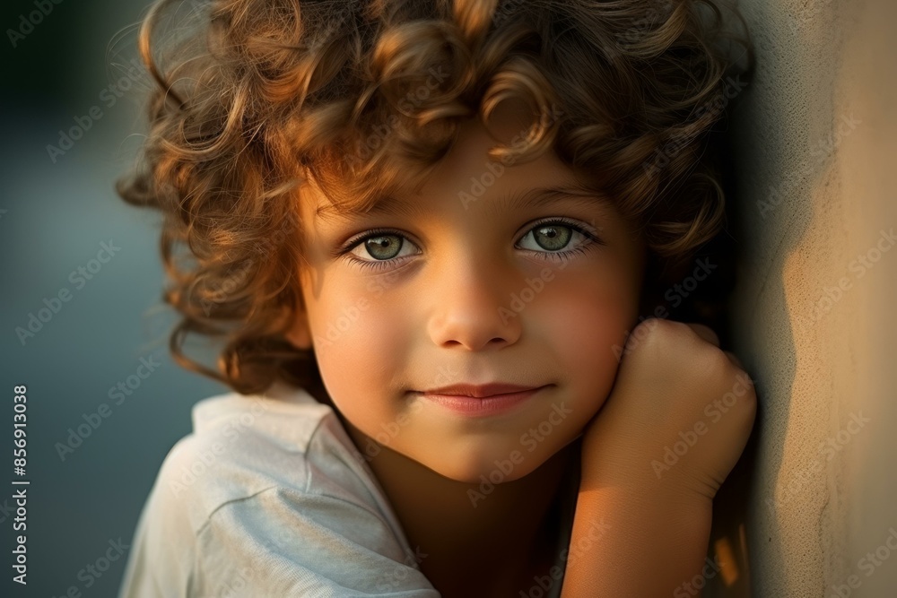 Fototapeta premium Adorable young boy playing joyfully with a charming smile on his beautiful face.
