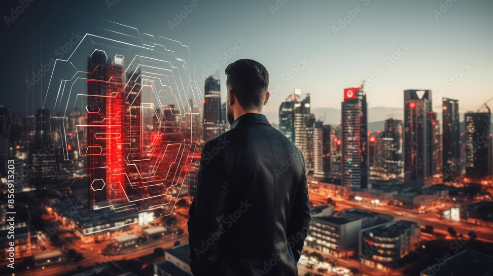 Futuristic city scene with a robot, holographic displays, and highrise buildings. AI, technology, urban landscape at sunset. Futuristic city scene with a robot, holographic displays, and highrise buildings. AI, technology, urban landscape at sunset.