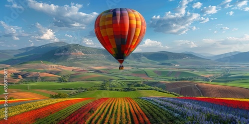 Colorful hot air balloon over vibrant scenic landscape of rolling hills photo