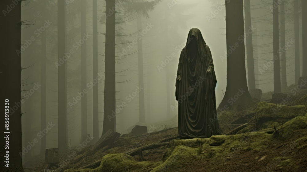 A powerful necromancer channeling dark energy in a misty ancient forest. A powerful necromancer channeling dark energy in a misty ancient forest.