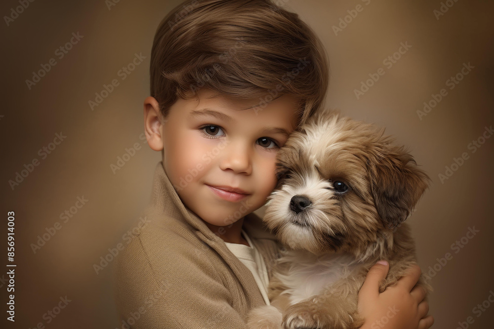 Sweet image of a young boy lovingly hugging an adorable puppy on a serene beige background. Sweet image of a young boy lovingly hugging an adorable puppy on a serene beige background.
