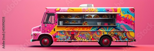 food truck offering authentic Mexican street food , adorned with colorful patterns, and taco imagery. isolated on a pink background. 
