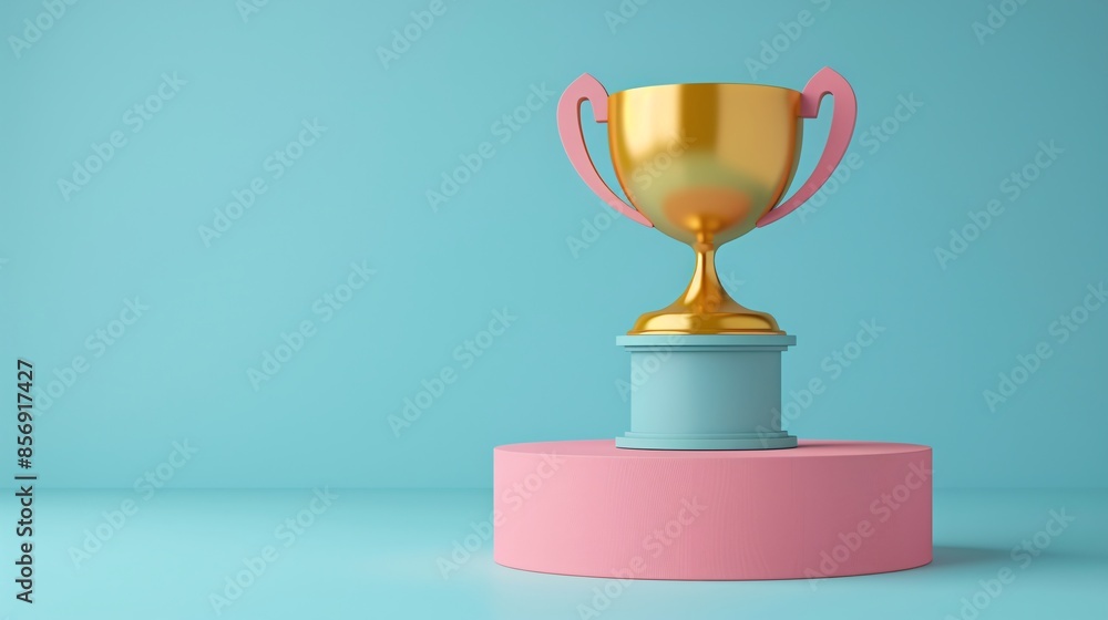 Golden trophy on a pink and blue pedestal against a light blue background, symbolizing achievement and success in a minimalistic design. 3D Illustration. Golden trophy on a pink and blue pedestal against a light blue background, symbolizing achievement and success in a minimalistic design. 3D Illustration.