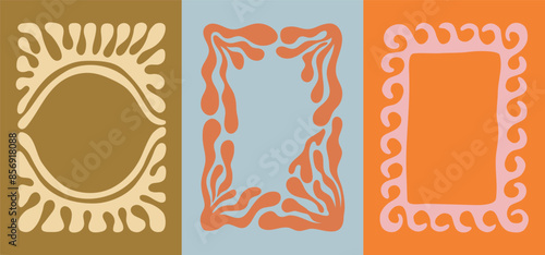 Vector illustration in simple wavy and groovy naive style, flowers and plants, floral frames and modern wall art prints, posters, placards, packaging, branding with copy space for text