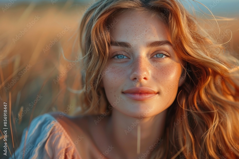 A casual portrait of a woman enjoying the warm glow of a golden sunset in a field A casual portrait of a woman enjoying the warm glow of a golden sunset in a field