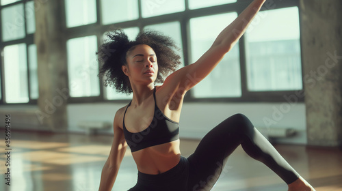 Dancer practicing or stretching in a sunlit studio.