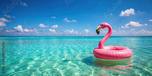 A whimsical flamingo float tube floating on the clear and refreshing sea , ocean, balloon, float, flamingo, tube, summer photo