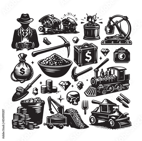 Set Gold mine, bars, coin money, Safe with gold, mining, 24k and Molten being poured icon. Vector