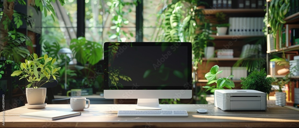 A computer monitor sits on a desk, surrounded by plants and a window. A computer monitor sits on a desk, surrounded by plants and a window.