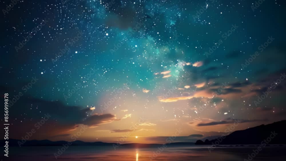 A serene beach under a star-filled night sky with the Milky Way visible. The scene captures the beauty of nature and the tranquility of a quiet night by the sea. A serene beach under a star-filled night sky with the Milky Way visible. The scene captures the beauty of nature and the tranquility of a quiet night by the sea.