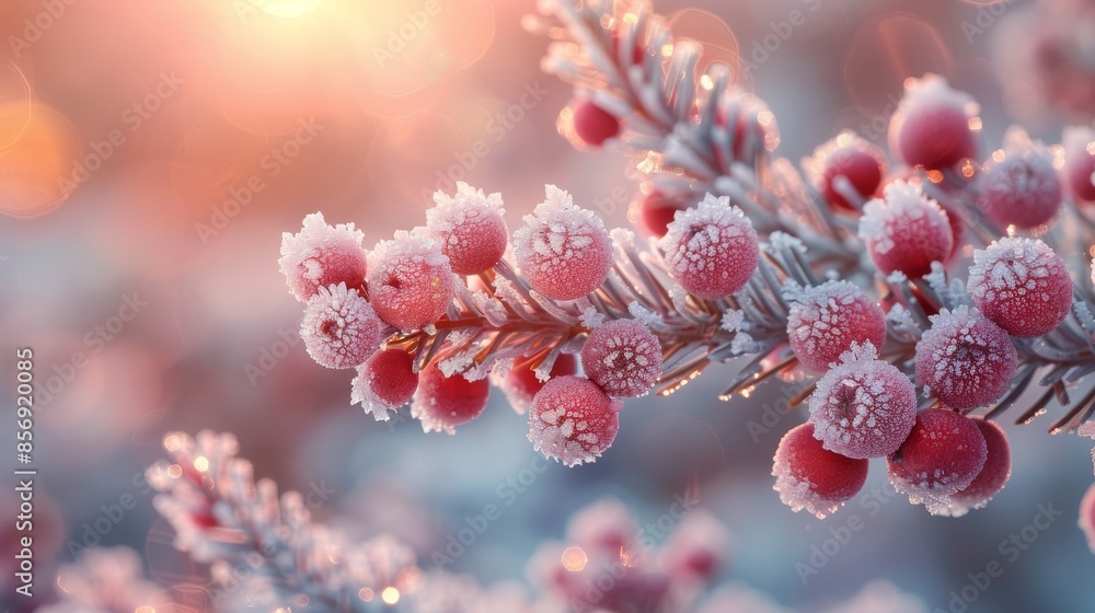 Stunning macro shot capturing icy red berries against a blurred, bokeh background with a frosty finish Stunning macro shot capturing icy red berries against a blurred, bokeh background with a frosty finish