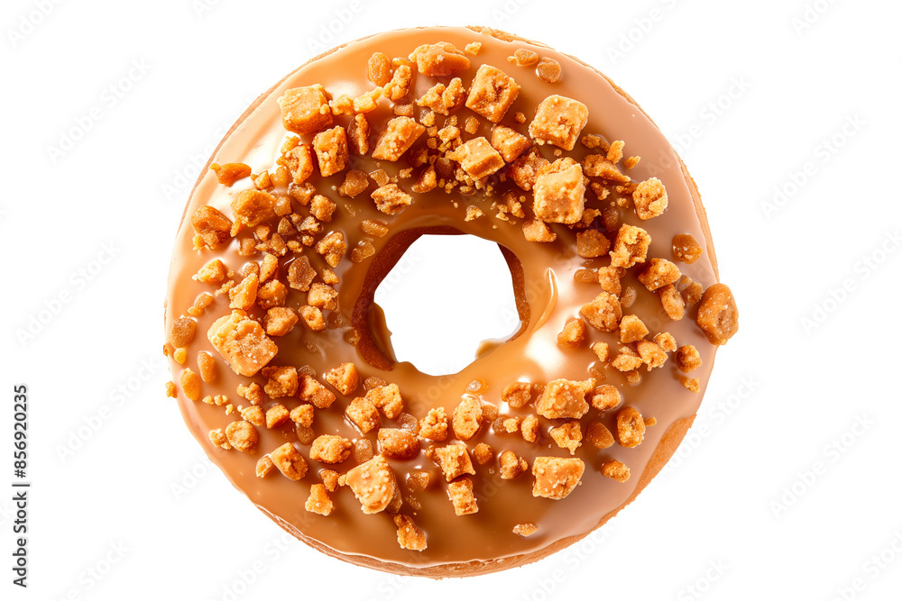 Closeup view of a caramel glazed donut with chocolate drizzle, isolated on white transparent background Closeup view of a caramel glazed donut with chocolate drizzle, isolated on white transparent background