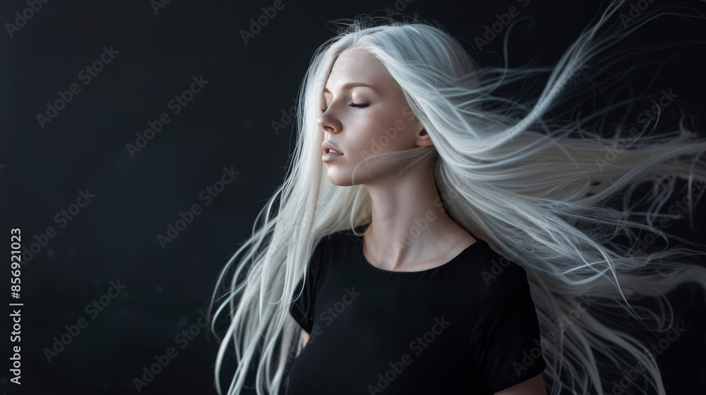 Serene young woman with long, flowing white hair and closed eyes, wearing a black top. Her hair appears to be gently blowing, creating a dynamic contrast against the dark background Serene young woman with long, flowing white hair and closed eyes, wearing a black top. Her hair appears to be gently blowing, creating a dynamic contrast against the dark background