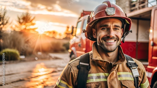 Male firefighter smiling in uniform at sunset © Yauhen