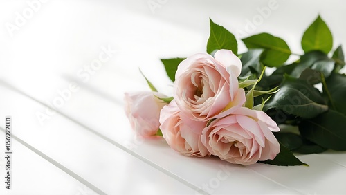 Rose flowers and leaves on white background