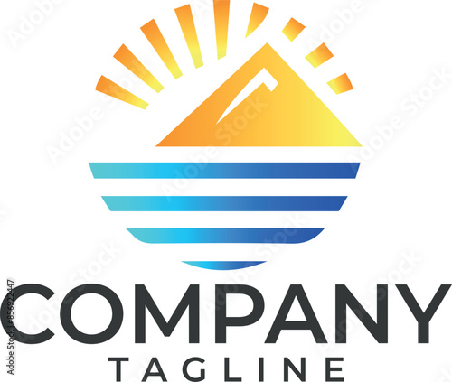 Sun and mountain emblem logo Design icon Vector