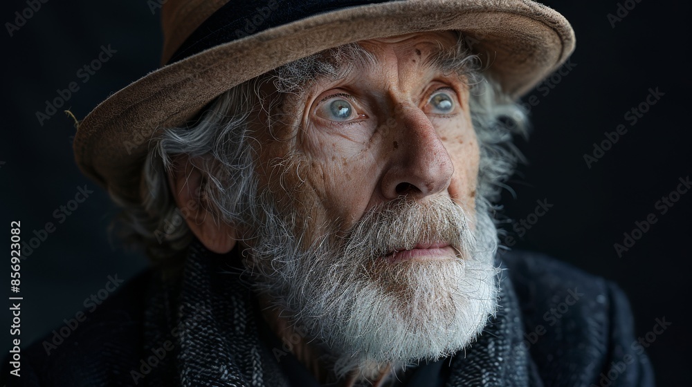 A close-captured shot of an older individual from the back, wearing a stylish hat and a textured coat A close-captured shot of an older individual from the back, wearing a stylish hat and a textured coat