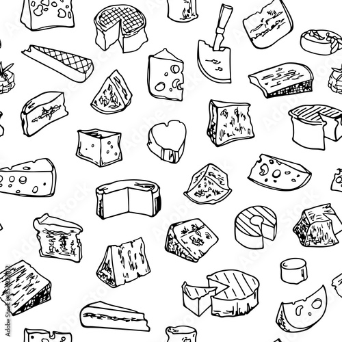 Vector seamless pattern with hand drawn cheese cuts. Ink drawing, graphic style. Beautiful food design elements. Perfect for prints and patterns