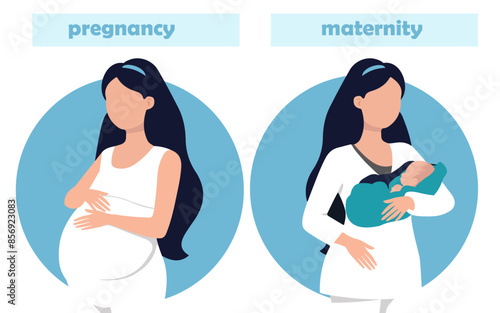 Expecting pregnant woman and woman with newborn - cute cartoon concept illustration of a pregnancy and maternity. Vector illustration