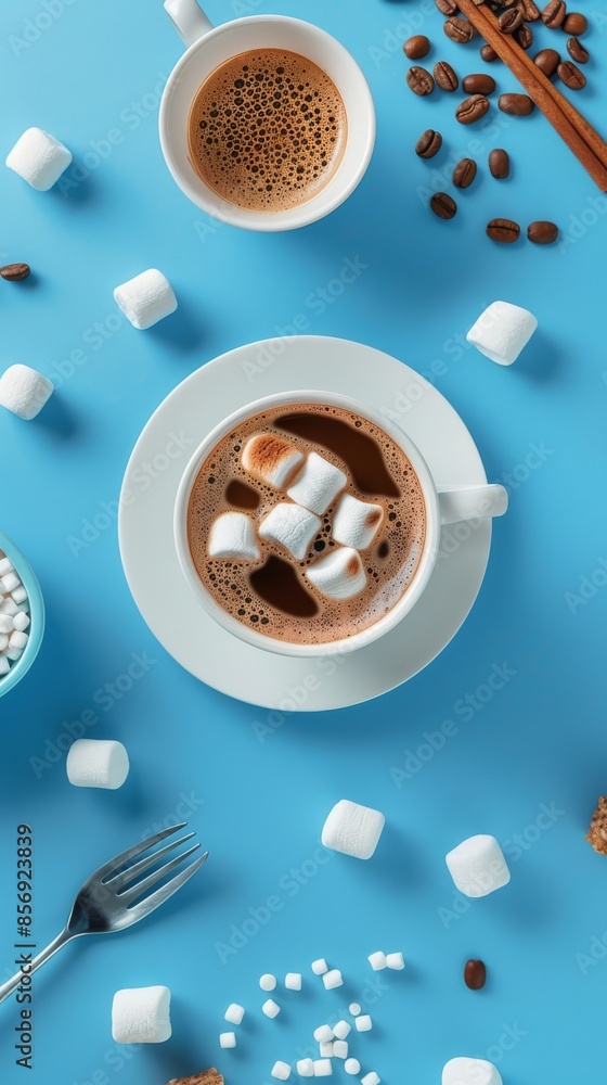 Hot chocolate with marshmallows on a blue background, top view. Cozy winter drink concept Hot chocolate with marshmallows on a blue background, top view. Cozy winter drink concept