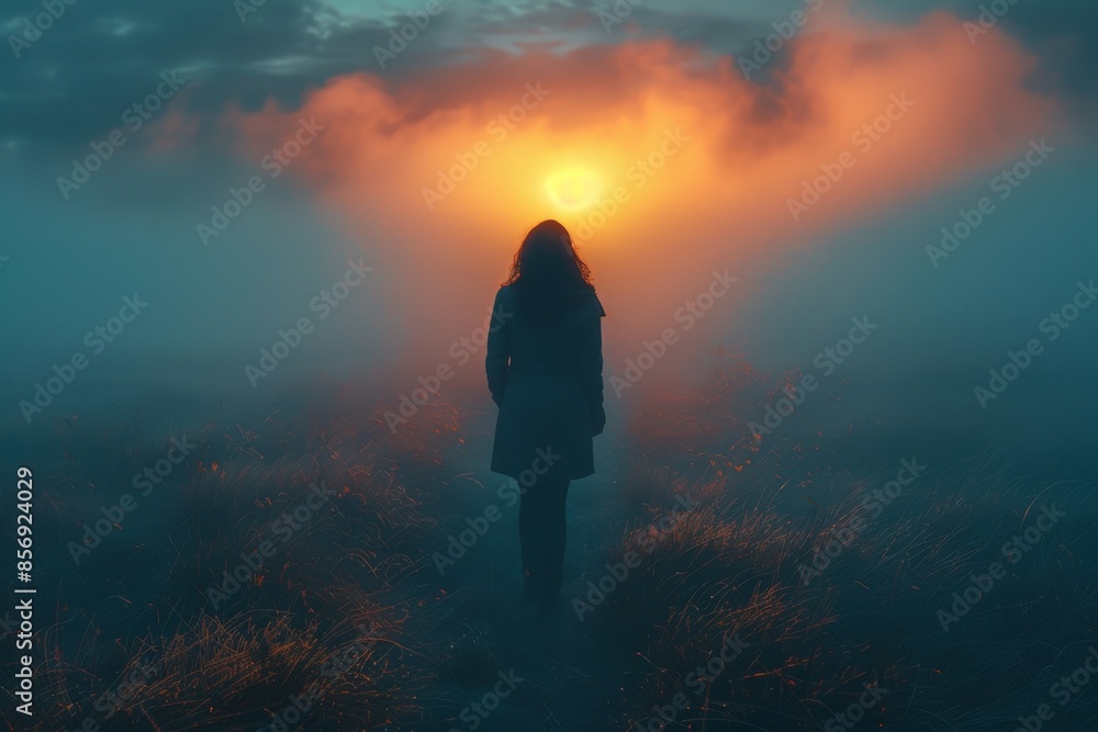 A lone woman walks towards the sunset engulfed in mist, evoking a sense of mystery and contemplation in a serene landscape A lone woman walks towards the sunset engulfed in mist, evoking a sense of mystery and contemplation in a serene landscape