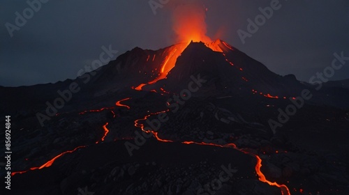 closeup ov hot lava fluid in volcano mountain photo