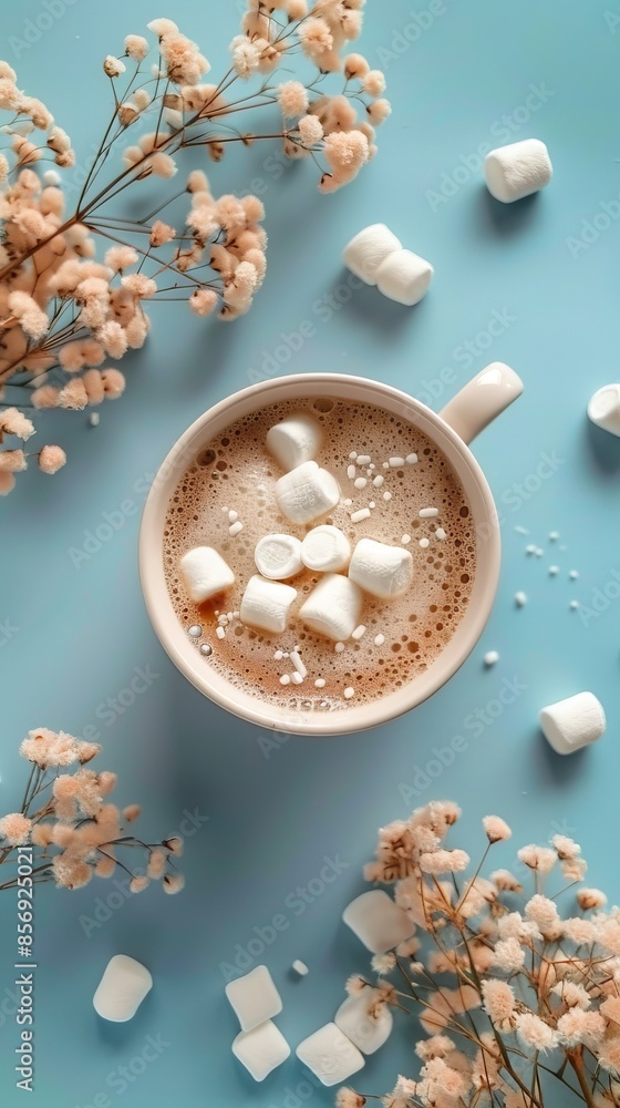Cup of hot chocolate with marshmallows and flowers on a blue background, top view. Cozy and warm beverage concept Cup of hot chocolate with marshmallows and flowers on a blue background, top view. Cozy and warm beverage concept