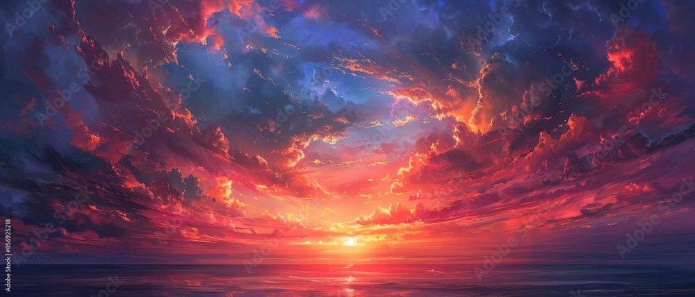 Dramatic sunset with vibrant clouds over a calm ocean. Dramatic sunset with vibrant clouds over a calm ocean.