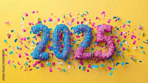 2025 Celebration with Vibrant Colors and Confetti on a Bright Yellow Background