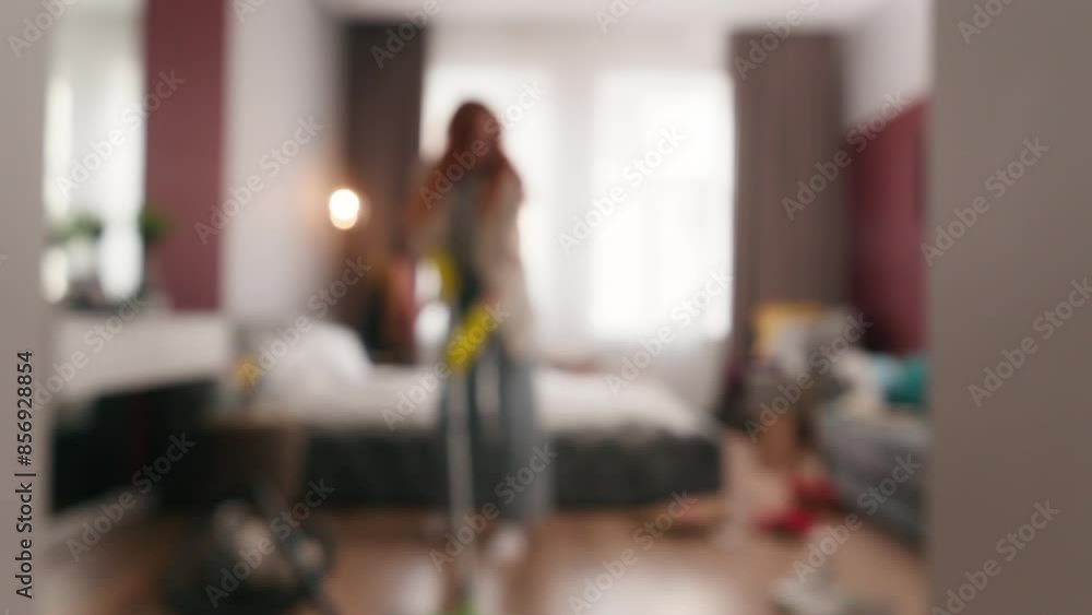 Blurry view unfocused blurred woman house cleaning sanitizing girl female housewife housemaid housekeeper janitor washing floor with mop in bedroom home chores routine housework mess keep neat clean Blurry view unfocused blurred woman house cleaning sanitizing girl female housewife housemaid housekeeper janitor washing floor with mop in bedroom home chores routine housework mess keep neat clean