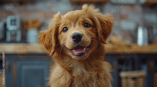 A cheerful golden retriever puppy poses joyfully in a rustic kitchen setting