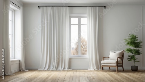 Interior home of empty blank room with curtain window on white wall copy space mock up, hardwood floor
