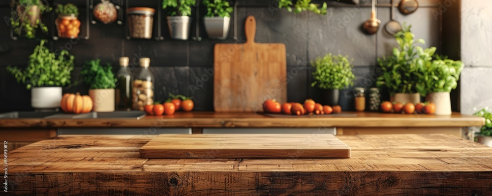 Rustic kitchen with a blank cutting board Rustic kitchen with a blank cutting board