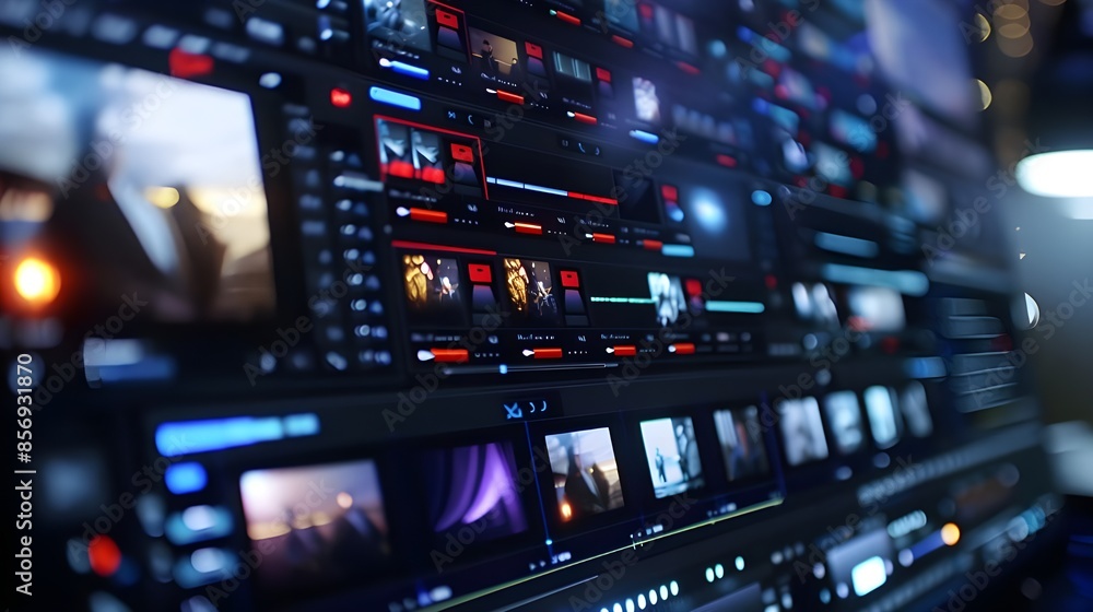A close-up photo of a computer screen showing video clips being arranged and edited in a timeline interface A close-up photo of a computer screen showing video clips being arranged and edited in a timeline interface