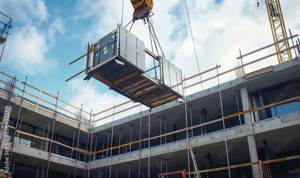 aerial view modular construction crane lifting industrial air conditioner, modern architecture aerial view modular construction crane lifting industrial air conditioner, modern architecture