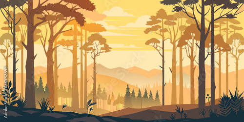 The landscape offers a picturesque view, adorned with majestic mountains and lush trees. It presents a serene and peaceful scene in the lap of nature.