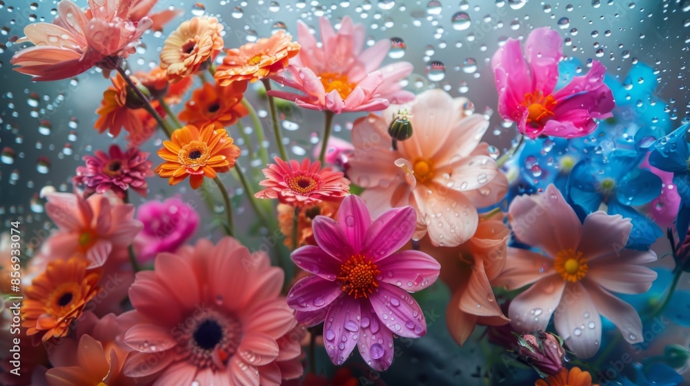 A vibrant bouquet of flowers mirrored in a raindrop-covered window, amplifying its beauty. A vibrant bouquet of flowers mirrored in a raindrop-covered window, amplifying its beauty.