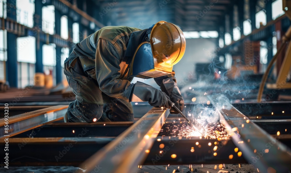trailer worker welding steel beams in factory trailer worker welding steel beams in factory
