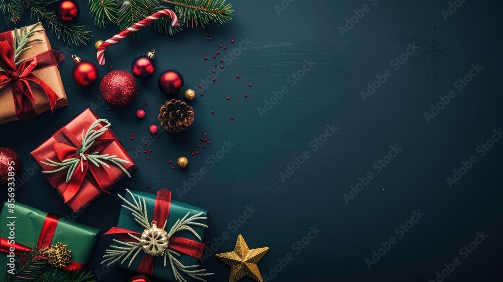 Christmas greeting card with a dark-colored background. Arrange with colorful gift boxes, pine balls, a Santa stick, and a star in festive composition. Christmas background decoration with copy space Christmas greeting card with a dark-colored background. Arrange with colorful gift boxes, pine balls, a Santa stick, and a star in festive composition. Christmas background decoration with copy space